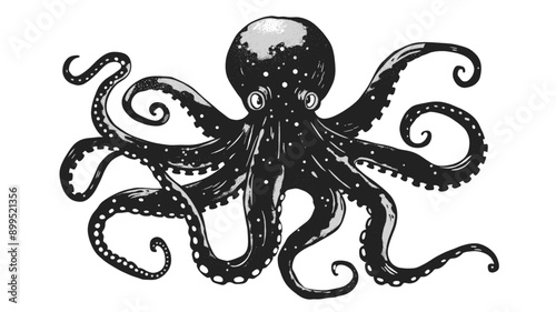 Octopus vintage linocut doodle icon, black vector logo on transparent background