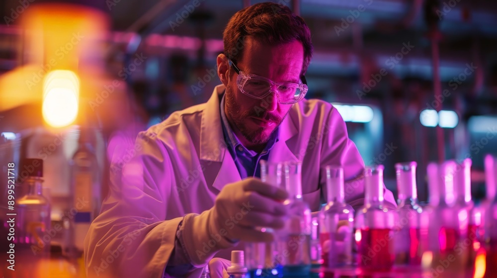 A chemist working with glowing chemical reactions A chemist working with glowing chemical reactions