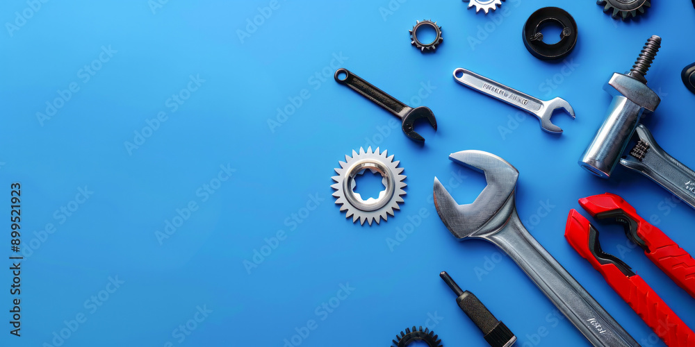 Various tools laid out on blue background