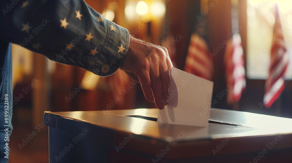 Voting in USA Presidential Election with American Flags in Background Voting in USA Presidential Election with American Flags in Background