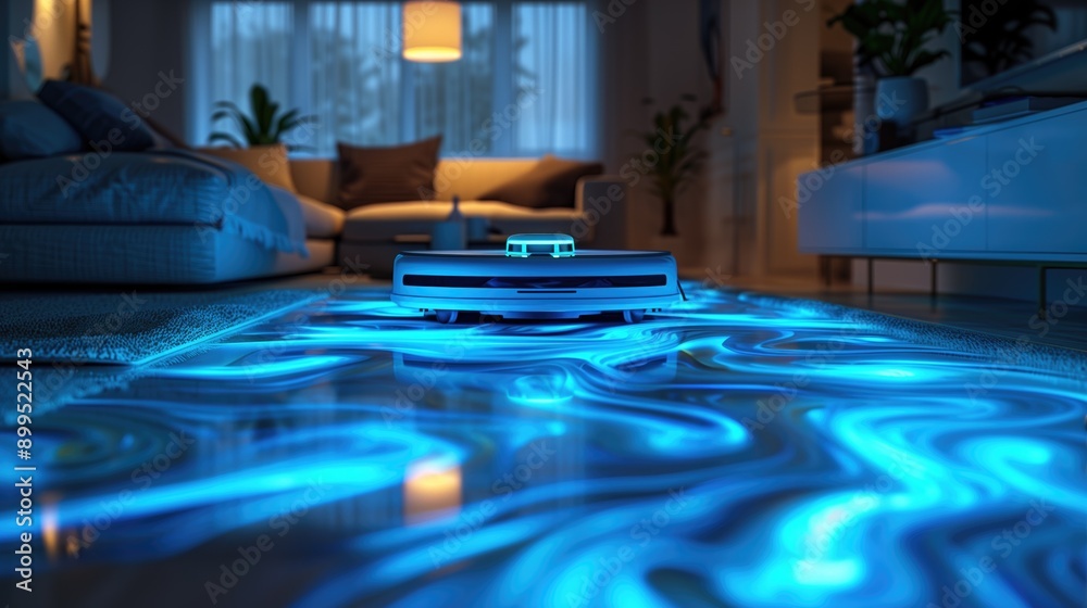 Autonomous robot vacuum cleaning a modern living room with blue laser path tracking. Smart home devices and automated cleaning technologies. Autonomous robot vacuum cleaning a modern living room with blue laser path tracking. Smart home devices and automated cleaning technologies.