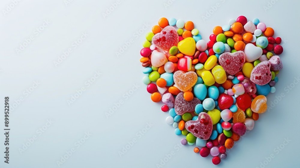 Candy and sweets presented in a heart shape on a white background with focus and space for text Candy and sweets presented in a heart shape on a white background with focus and space for text