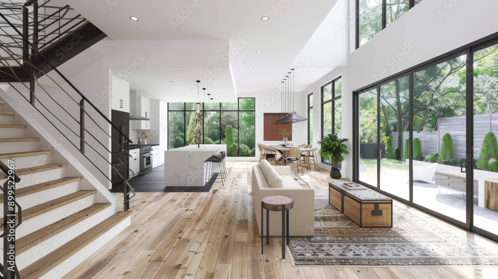 Modern Open-Concept Living Space With Large Windows Overlooking a Lush Garden in Bright Daylight Modern Open-Concept Living Space With Large Windows Overlooking a Lush Garden in Bright Daylight
