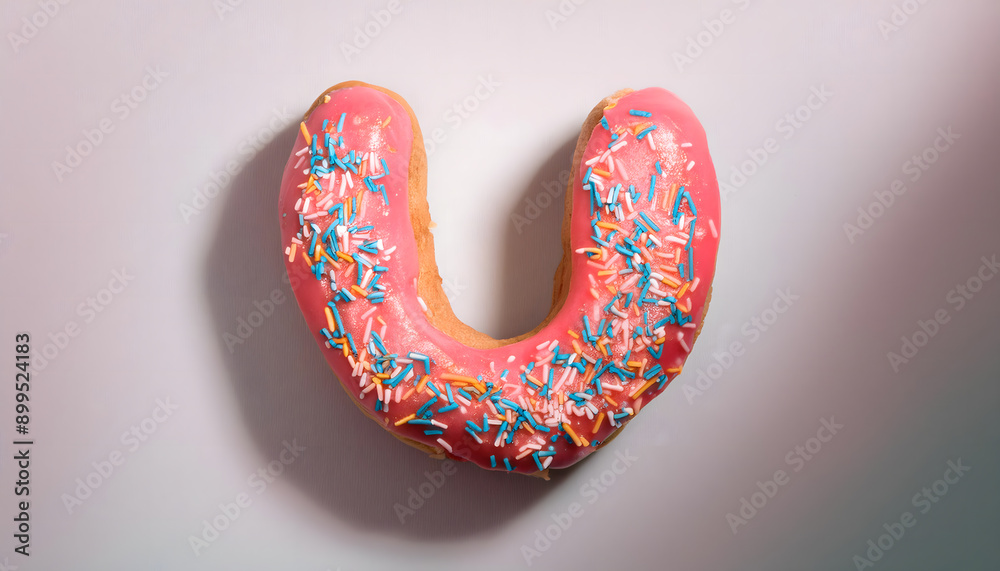 Frosted sprinkled donut in the shape of the letter U Frosted sprinkled donut in the shape of the letter U