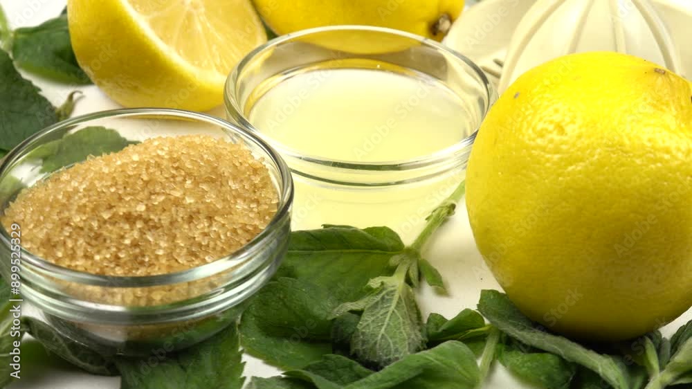 Ingredients for making lemon- mint lemonade, citrus juicer. Lemons, mint leaves, fresh lemon juice and sugar Ingredients for making lemon- mint lemonade, citrus juicer. Lemons, mint leaves, fresh lemon juice and sugar