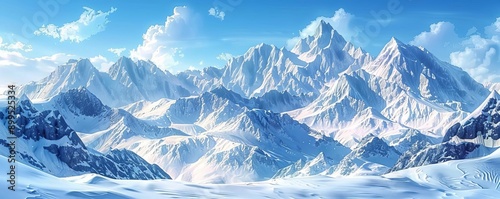 Snow-capped mountains under a vibrant blue sky, winter mountain range, stunning alpine vista