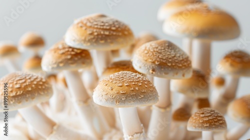 Close-up of vibrant golden teacher mushrooms with white stems and spotted caps, known for psychedelic properties photo