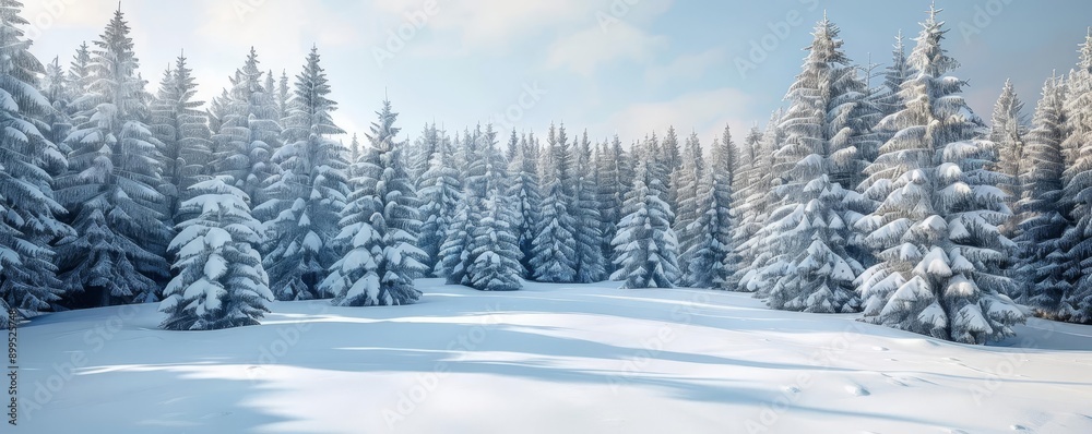 Snow-covered trees in a dense forest, winter woodland, enchanting natural beauty Snow-covered trees in a dense forest, winter woodland, enchanting natural beauty