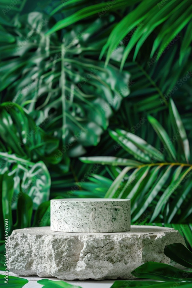 A small white and green stone with a green leaf on top of it. The stone is placed on a rock and surrounded by green leaves A small white and green stone with a green leaf on top of it. The stone is placed on a rock and surrounded by green leaves