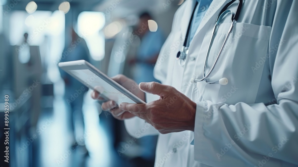 A doctor using a digital tablet to explain a diagnosis A doctor using a digital tablet to explain a diagnosis