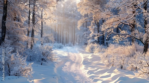 Snow-laden branches in a winter forest with a soft light, peaceful woodland, delicate natural beauty
