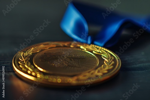  a close-up of a shiny gold medal with a blue ribbon against a dark background. Ensure the medal's intricate design is clearly visible.