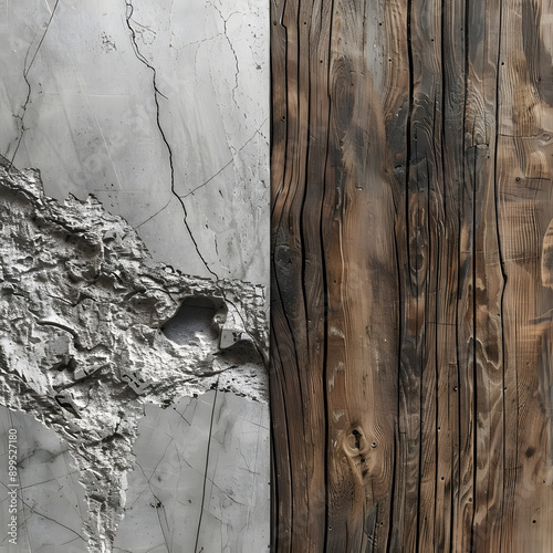 two different textures of wood and concrete