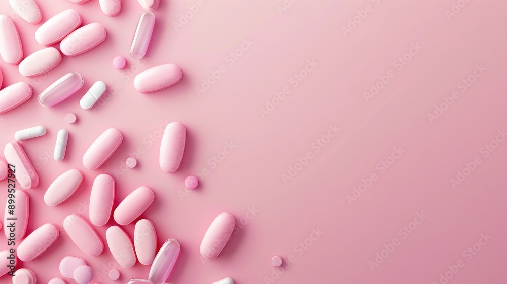 Pink pills and capsules on pink background for medical hormonal contraceptive or weight loss Text space available Pink pills and capsules on pink background for medical hormonal contraceptive or weight loss Text space available