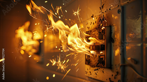 Electrical outlet sparking with fire and smoke against tiled wall background. 