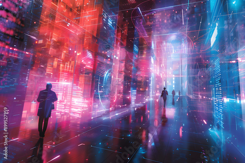 a futuristic city with neon lights and people walking through it