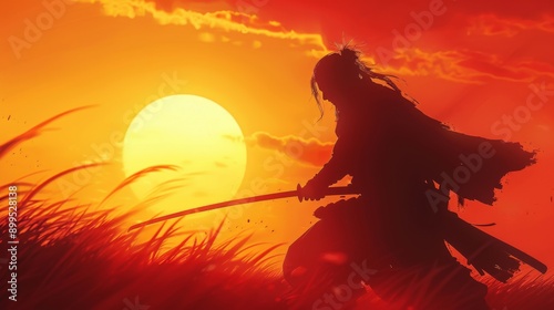 Fototapeta Naklejka Na Ścianę i Meble -  A samurai's silhouette poses with a sword against a sunset backdrop. Art style captures the warrior's shadow.