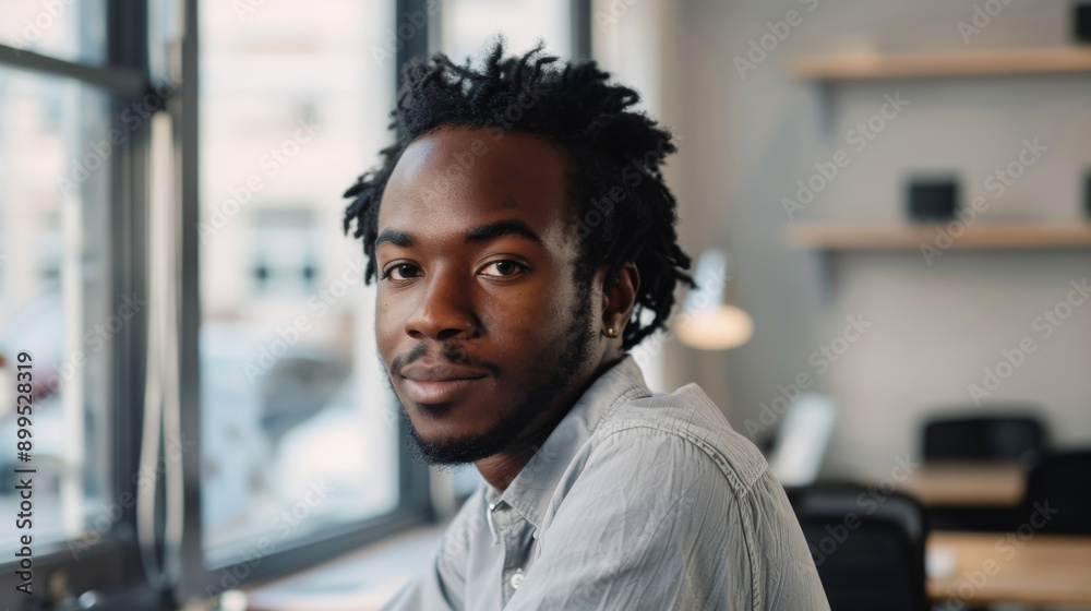 Fototapeta premium Portrait of a man in a casual setting, with soft lighting highlighting his relaxed and confident expression.