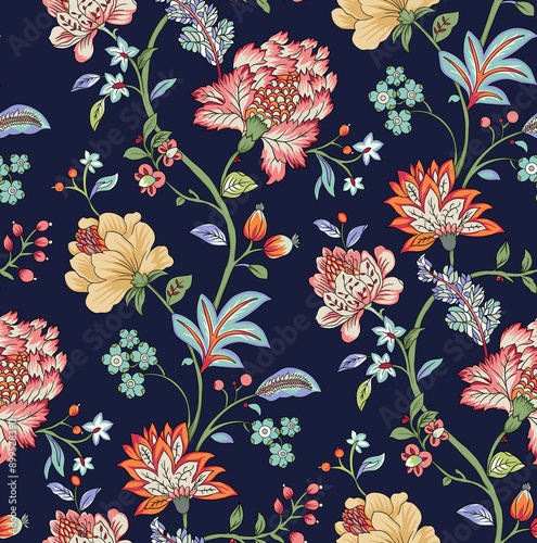 An amazing floral chintz seamless pattern design in fantasy colours with navyblue background for design pattern for prints  photo