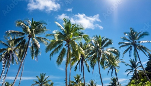 Tropical Bliss A cluster of palm trees swaying gently in a tropical breeze on a sunny day.