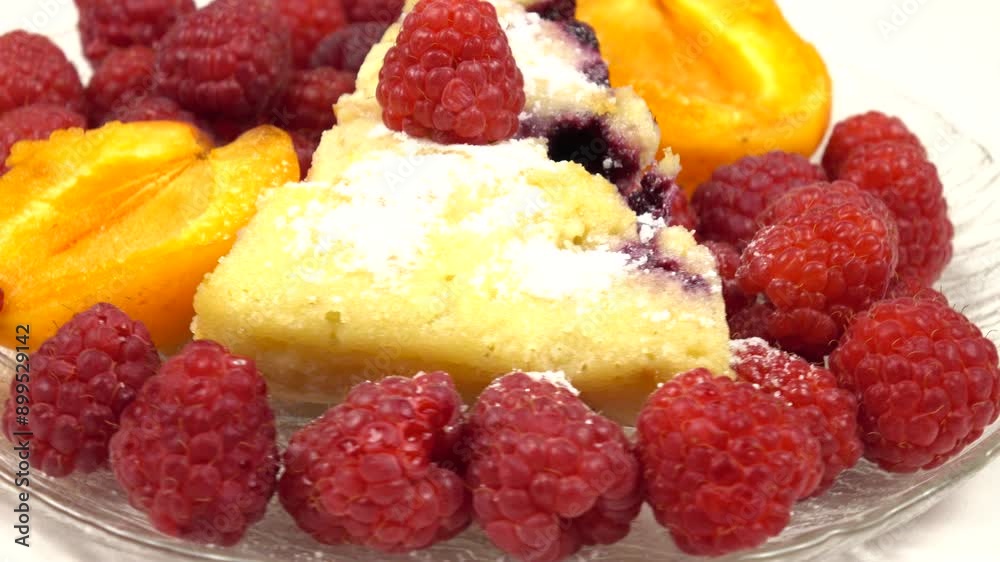 Fresh raspberries and halves of ripe fresh apricots, a piece of pie with fruit and berry filling lie on a glass plate. Fresh raspberries and halves of ripe fresh apricots, a piece of pie with fruit and berry filling lie on a glass plate.