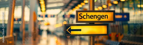 Realistic Schengen Area Sign in Busy Airport Corridor