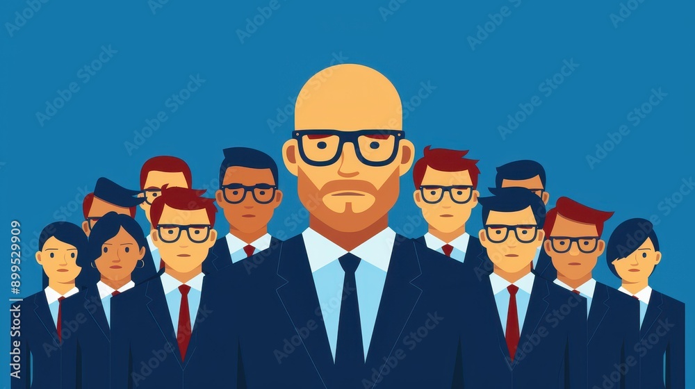 Confident bald business leader in suit leading a diverse group of employees. Confident bald business leader in suit leading a diverse group of employees.