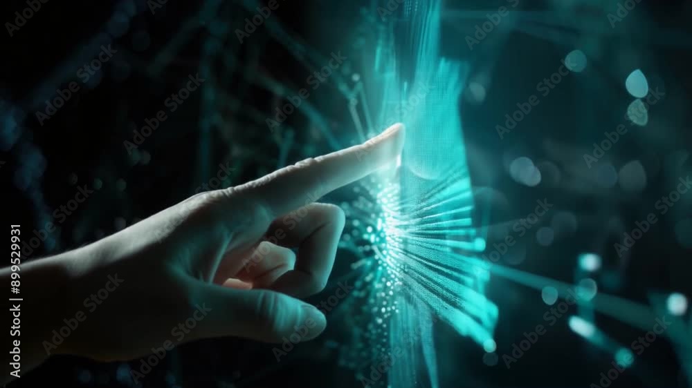 A hand is pointing at a screen with a blue background. Concept of ...