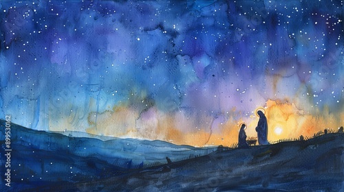 Serene watercolor of the Nativity scene under a starry night sky