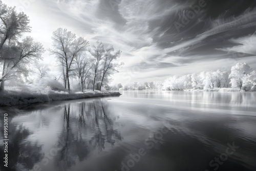 Serene Landscape: A Tranquil River and Reflective Trees in a Black and White Photograph