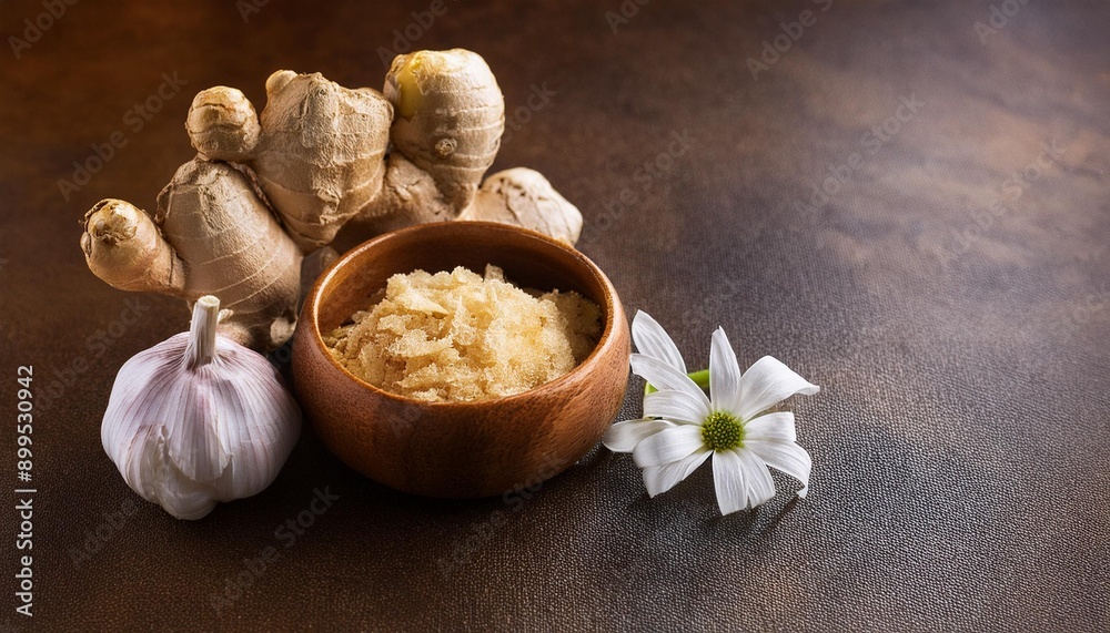 Naklejka premium a close-up shot of fresh ginger and garlic cloves arranged artistically on a brown rugged stone. ginger and garlic pest; 1-2 small white flowers, space to text on right side.