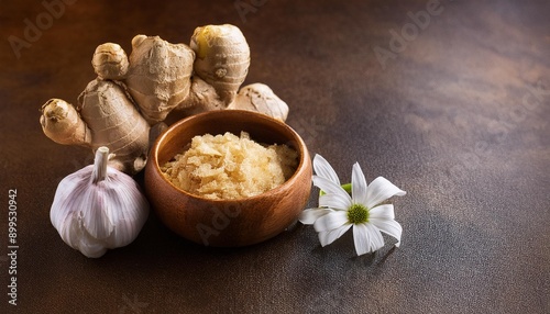 Wallpaper Mural a close-up shot of fresh ginger and garlic cloves arranged artistically on a brown rugged stone. ginger and garlic pest; 1-2 small white flowers, space to text on right side. Torontodigital.ca