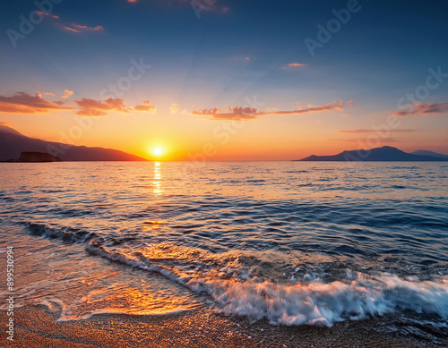 Fototapeta Naklejka Na Ścianę i Meble -  Beautiful sunset over the sandy beach. 