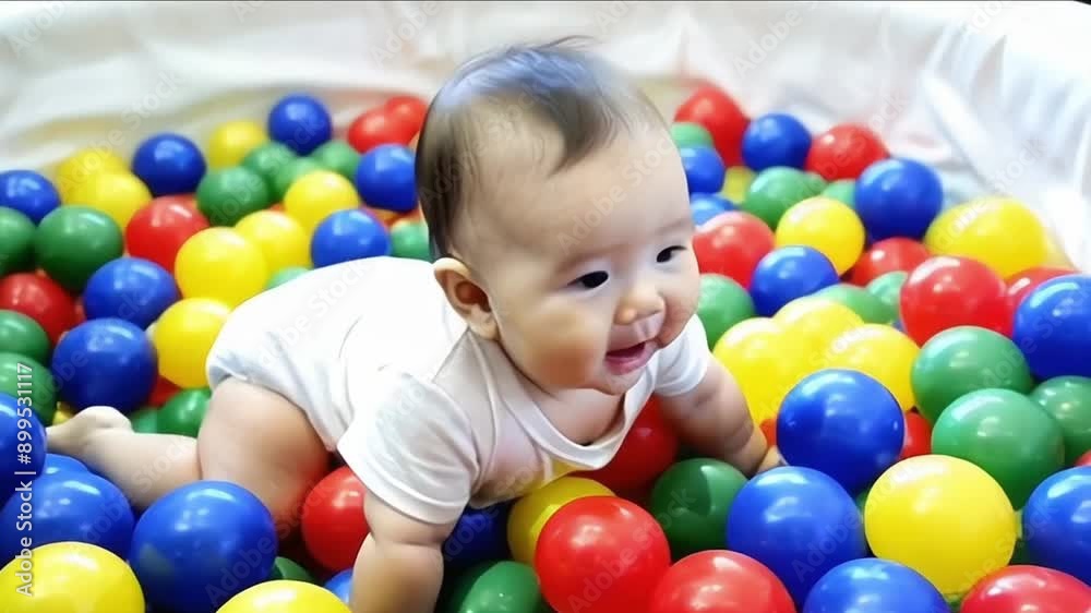 A baby is playing in a ball pit A baby is playing in a ball pit