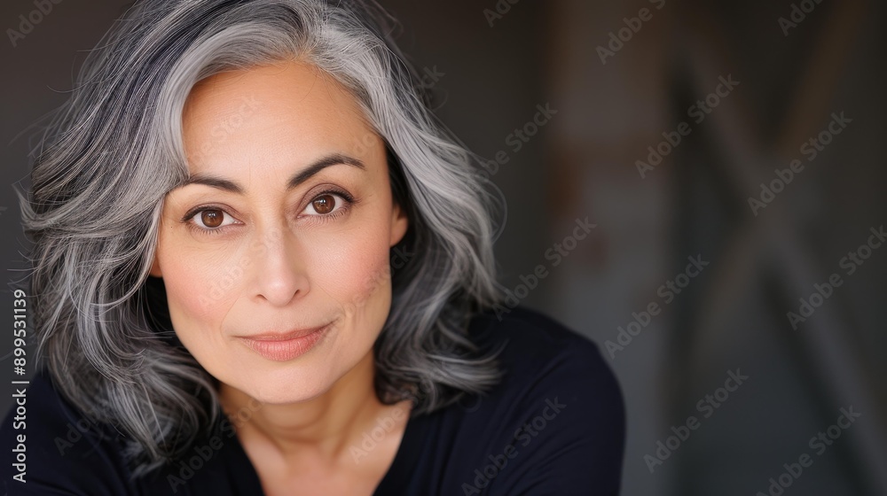 Fototapeta premium Portrait of a beautiful Asian woman with grey hair smiling in a studio setting.