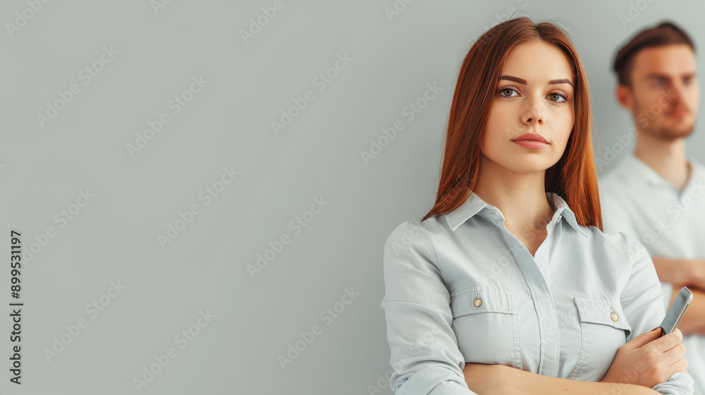 Elegant businesswoman using phone with colleagues in an office setting. Elegant businesswoman using phone with colleagues in an office setting.