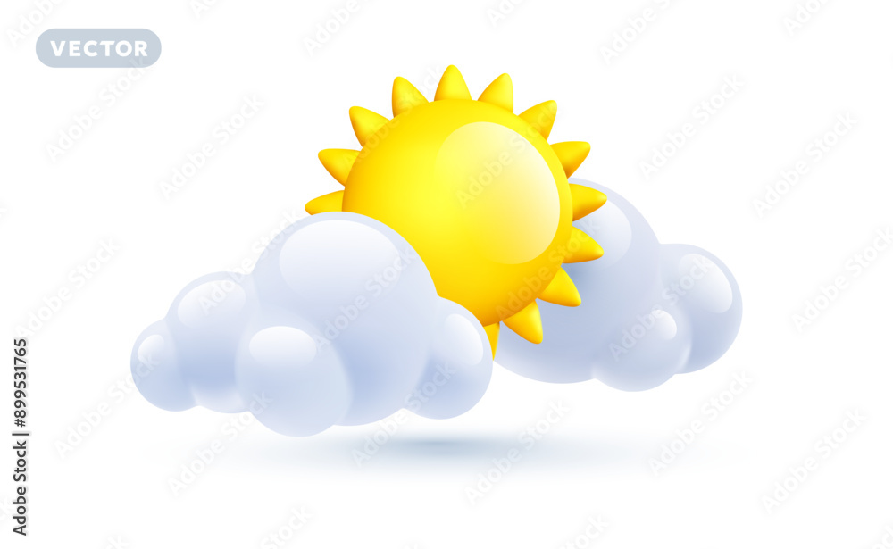 Vector weather partly cloudy day illustration of cloud with sun on white background with shadow. 3d cartoon style design of shine yellow color sun with fluffy cloud Vector weather partly cloudy day illustration of cloud with sun on white background with shadow. 3d cartoon style design of shine yellow color sun with fluffy cloud