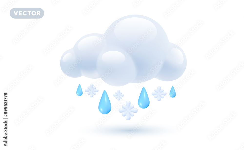 Vector weather rain with snow day illustration of shine blue color rain drop and snowflake with fluffy cloud on white background with shadow. 3d cartoon style design of rainy cloud with drop and snow Vector weather rain with snow day illustration of shine blue color rain drop and snowflake with fluffy cloud on white background with shadow. 3d cartoon style design of rainy cloud with drop and snow