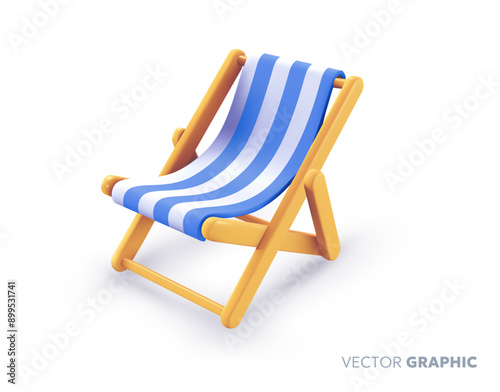 Vector summer illustration of striped beach chair with shadow on white background. 3d style cartoon design of summer wooden folding deck chair for pool