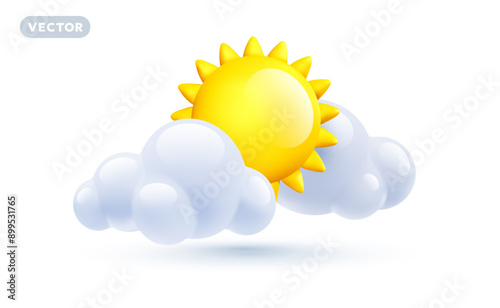 Vector weather partly cloudy day illustration of cloud with sun on white background with shadow. 3d cartoon style design of shine yellow color sun with fluffy cloud