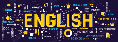 Vector education illustration of word english typography with  word cloud on blue color background. English language business infographic concept with line icon. Line art style design