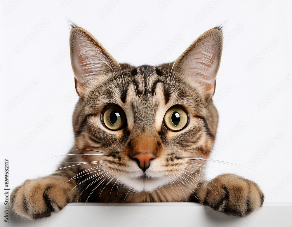 Portrait of a funny tabby cat peeking from behind blank banner. Isolated on white background
