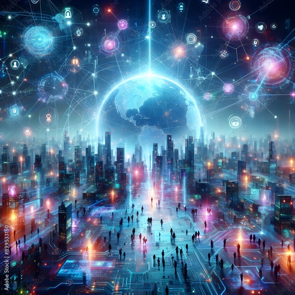 Obraz premium Digital Nexus: Global Consciousness Illuminated in Data's Cosmic Web - Humanity Converges as Earth Transforms into Living Network, Pulsing with Information's Vibrant Energy