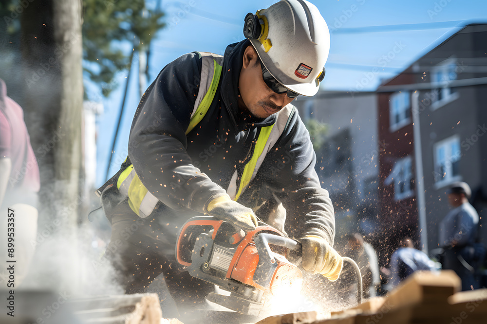 Fototapeta premium photo of construction worker cutting something with a saw at a construction site, construction