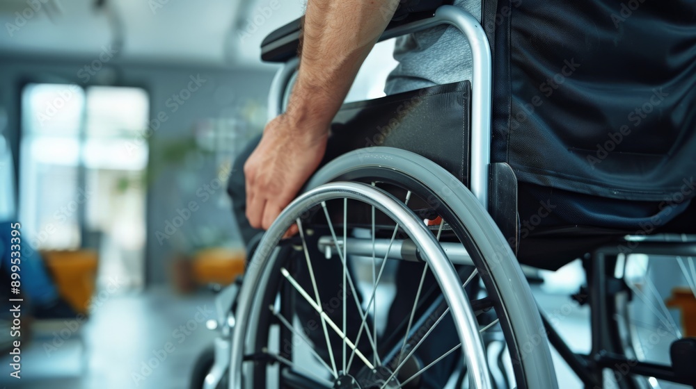 Person in a wheelchair moving through an indoor space with a blurred background. Indoor mobility and independence for disabled individuals. Person in a wheelchair moving through an indoor space with a blurred background. Indoor mobility and independence for disabled individuals.