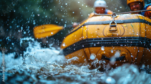 Close-up action shot of a yellow raft navigating turbulent waters, highlighting the thrill and excitement of whitewater rafting.