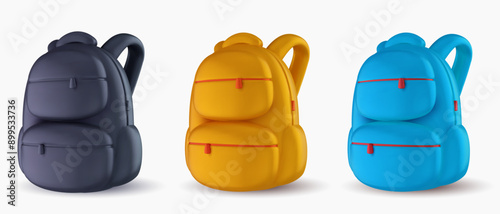 Backpack for school or travel in different colors. Vector 3d illustration. Modern design element in cartoon realistic style.