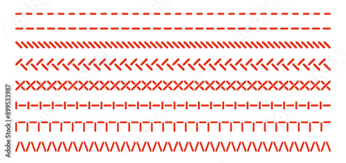 Sewing stitches line set isolated on white. Different types of thread seam pattern, classic straight, cross, overlock, fringe, zigzag. Vector clipart for seamless brush, embroidery or sewing texture.