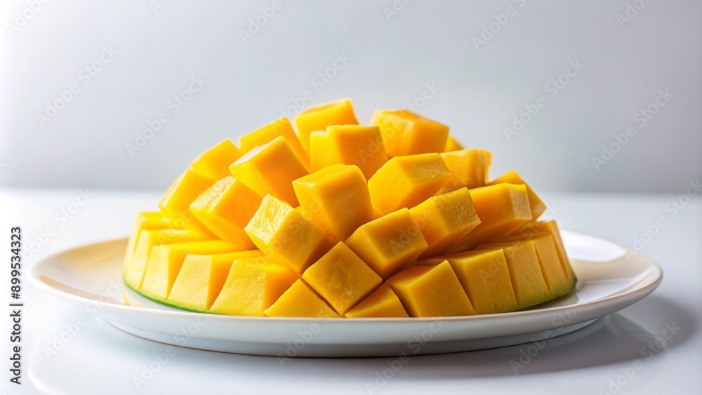 Freshly cut vibrant yellow mango slices stacked in a neat pile on a white ceramic plate against a clean and minimalist white background. Freshly cut vibrant yellow mango slices stacked in a neat pile on a white ceramic plate against a clean and minimalist white background.