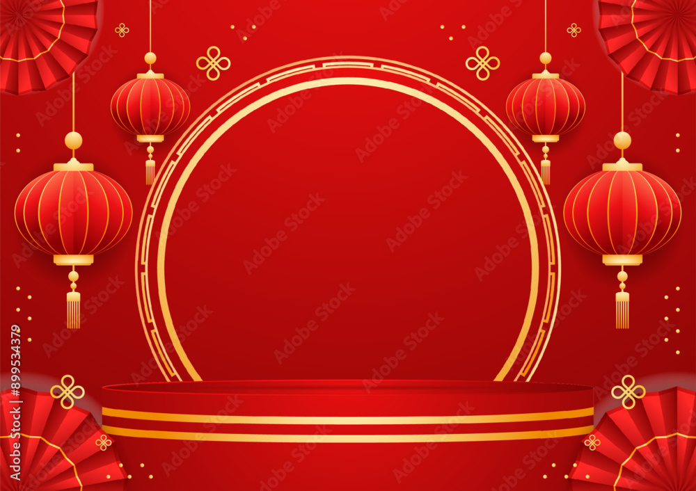 Happy Chinese new year 2025. Chinese new year banner with circle for show product. Greeting card. China frame with lantern on red background. Happy Chinese new year 2025. Chinese new year banner with circle for show product. Greeting card. China frame with lantern on red background.